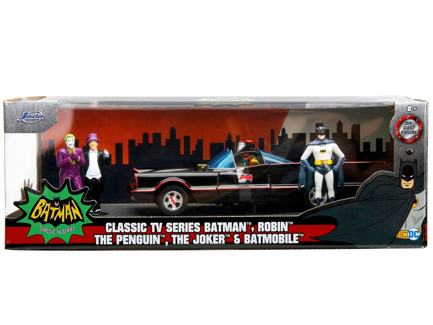 1966 Classic Batmobile with Diecast Batman The Joker The Penguin and Plastic Robin Sitting Inside The Car "Batman" TV Series (1966) "Hollywood Rides" Series 1/24 Diecast Model Car by Jada  free shipping USA