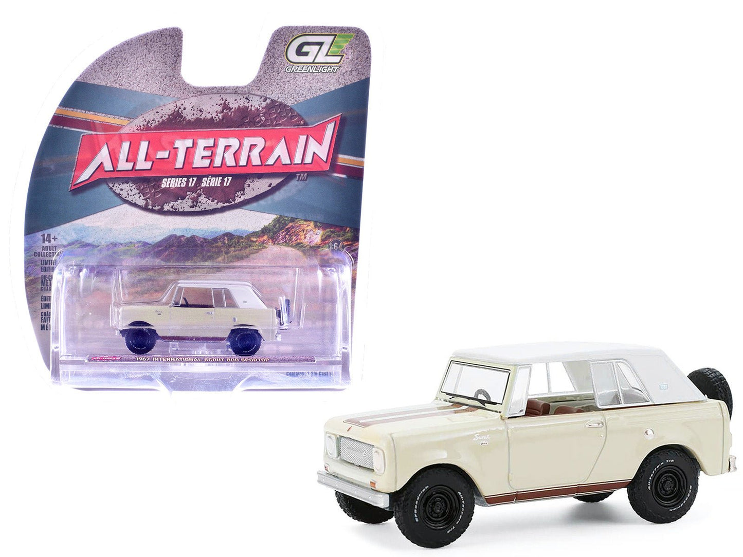 1967 International Scout 800 Sportop Cream with Brown Stripes and White Top "All Terrain" Series 17 1/64 Diecast Model Car by Greenlight  free shipping USA