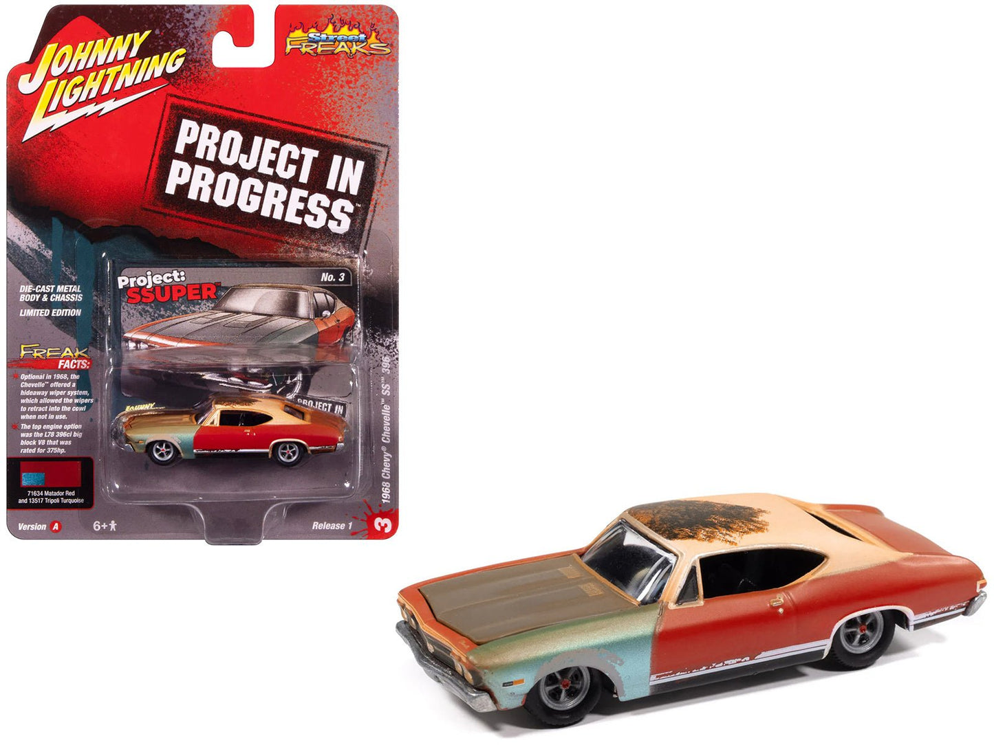 1968 Chevrolet Chevelle SS 396 Matador Red (Weathered) "Project in Progress" Series 1/64 Diecast Model Car by Johnny Lightning  free shipping USA