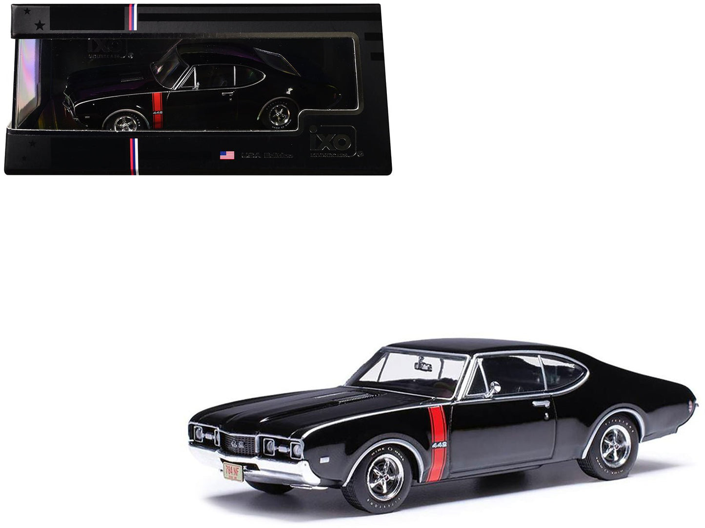 1970 Oldsmobile 442 W-30 Ebony Black with Red Stripes 1/43 Diecast Model by IXO Models  free shipping USA
