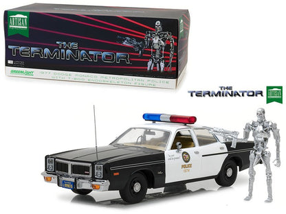 1977 Dodge Monaco Metropolitan Police with T-800 Endoskeleton Figurine "The Terminator" (1984) Movie 1/18 Diecast Model Car by Greenlight  free shipping USA