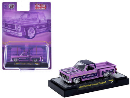 1979 Chevrolet Silverado Stepside Pickup Truck Pink with Purple Top and Graphics Limited Edition to 9350 pieces Worldwide 1/64 Diecast Model Car by M2 Machines  free shipping USA