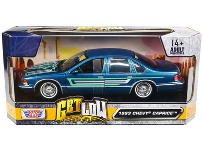 1993 Chevrolet Caprice Lowrider Blue Metallic with Graphics "Get Low" Series 1/24 Diecast Model Car by Motormax  free shipping USA