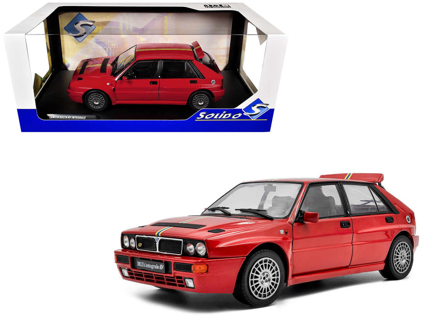 1995 Lancia Delta HF Integrale Edizione Finale Red with Stripes 1/18 Diecast Model Car by Solido  free shipping USA