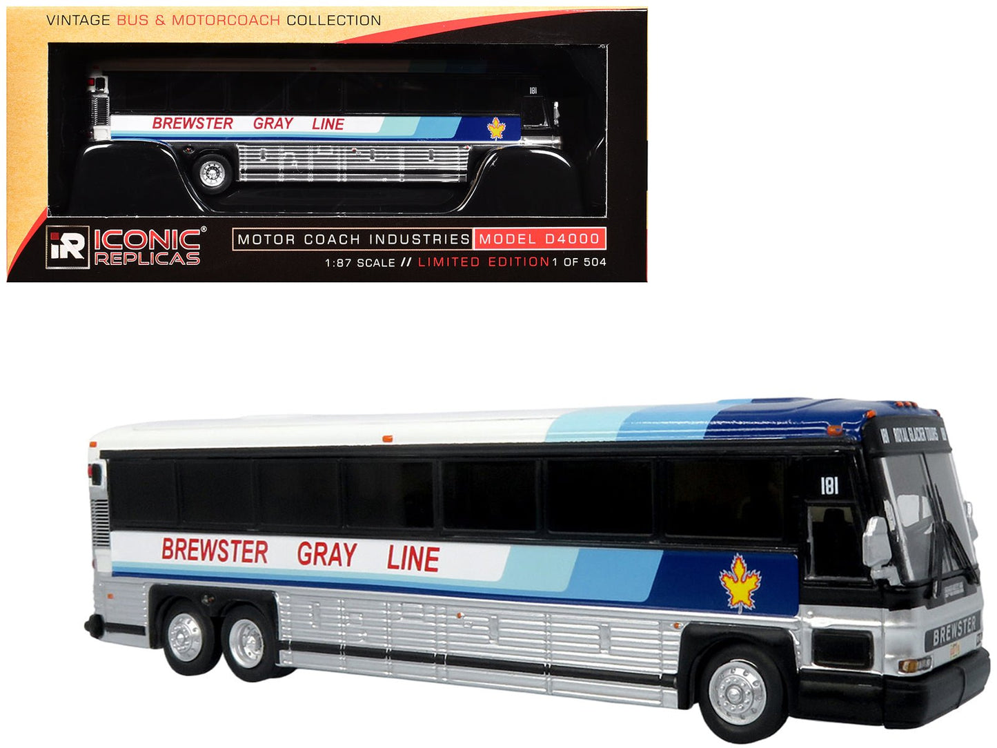 2001 MCI D4000 Coach Bus "Brewster Gray Line" White with Blue Stripes "Vintage Bus & Motorcoach Collection" Limited Edition to 504 pieces Worldwide 1/87 (HO) Diecast Model by Iconic Replicas  free shipping USA