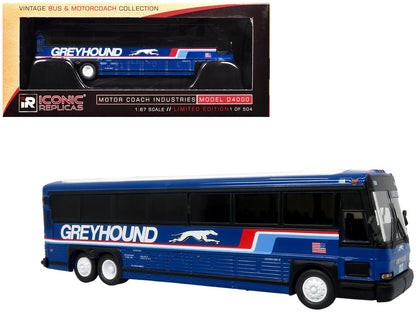 2001 MCI D4000 Coach Bus "Greyhound" Blue with Stripes "Vintage Bus & Motorcoach Collection" Limited Edition to 504 pieces Worldwide 1/87 (HO) Diecast Model by Iconic Replicas  free shipping USA