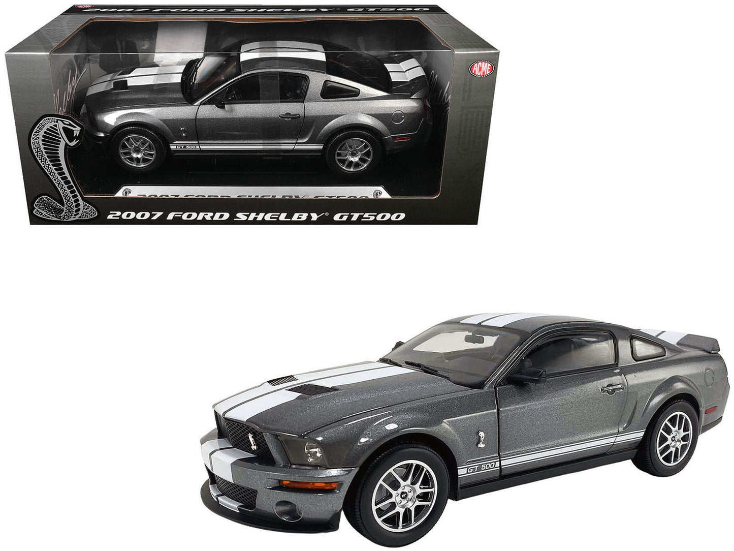 2007 Ford Shelby GT500 Alloy Gray Metallic with White Stripes "Shelby Collectibles" Series 1/18 Diecast Model Car by ACME  free shipping USA