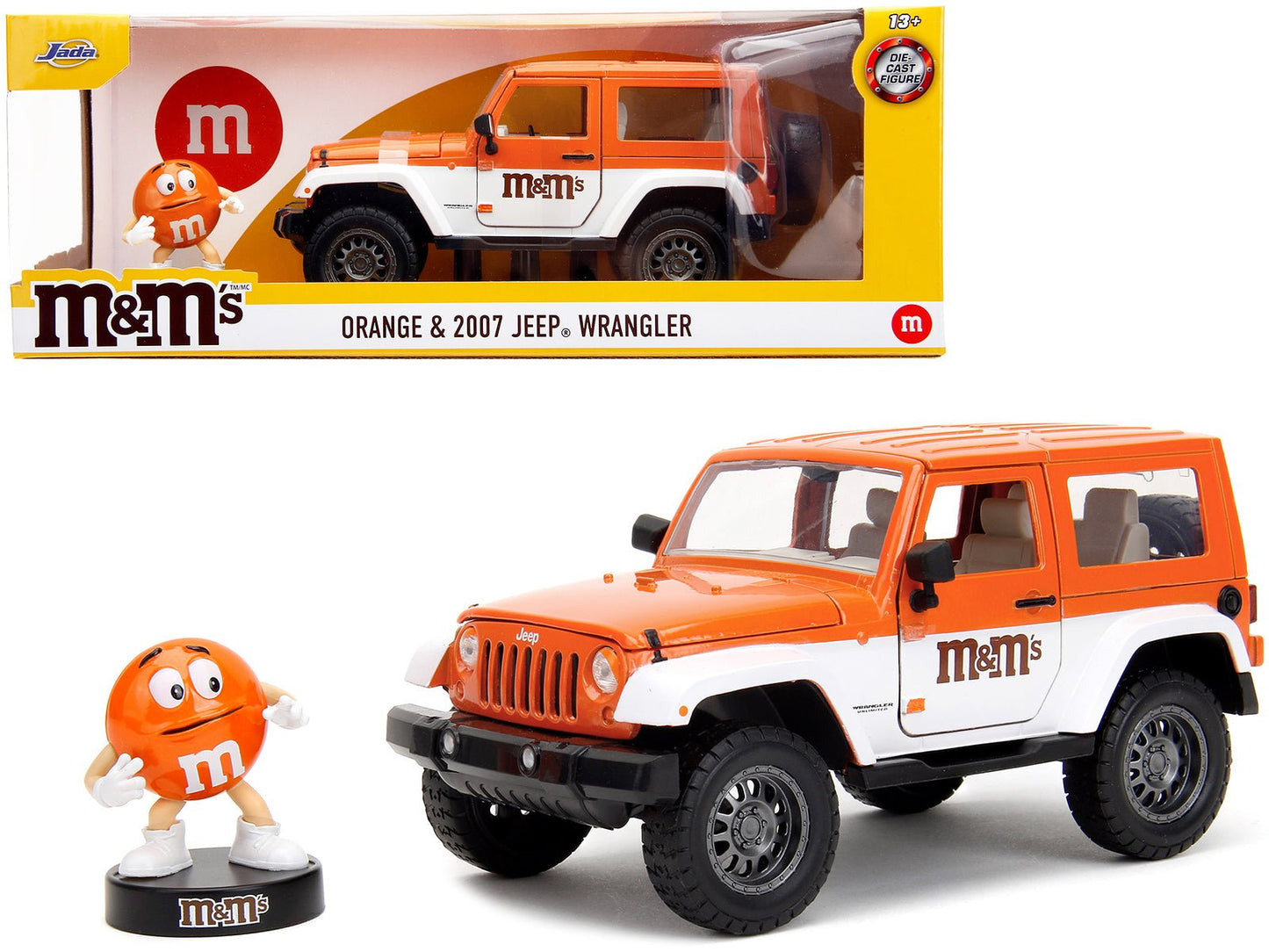2007 Jeep Wrangler Orange Metallic and White and Orange M&M Diecast Figure "M&M's" "Hollywood Rides" Series 1/24 Diecast Model Car by Jada  free shipping USA