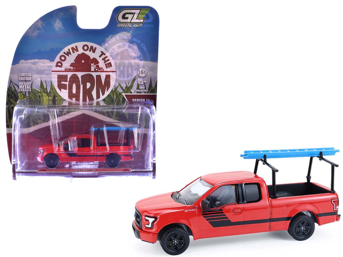2015 Ford F-150 Pickup Truck with Ladder Rack Red with Black Stripes "Down on the Farm" Series 11 1/64 Diecast Model by Greenlight  free shipping USA