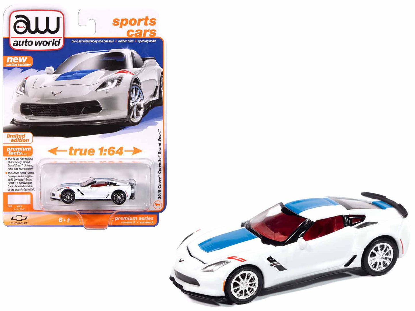 2018 Chevrolet Corvette Grand Sport Arctic White with Blue Stripe and Red Interior "Sports Cars" Series 1/64 Diecast Model Car by Auto World  free shipping USA