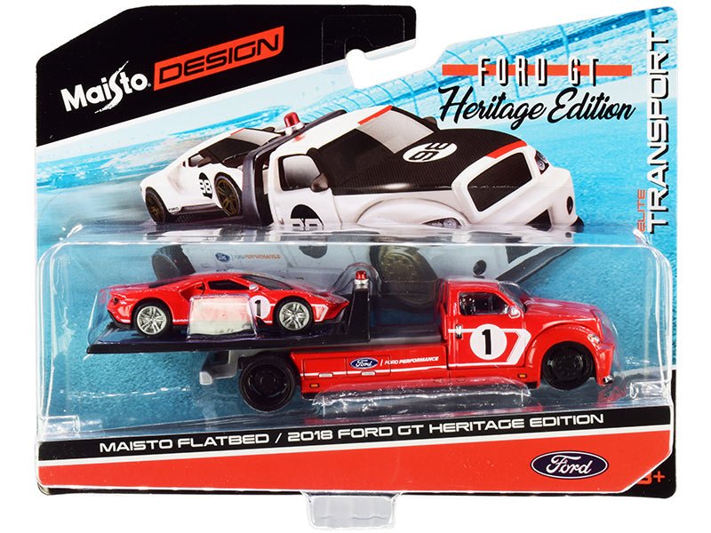 2018 Ford GT #1 Heritage Edition with Flatbed Truck Red with White Stripes "Elite Transport" Series 1/64 Diecast Model Cars by Maisto  free shipping USA