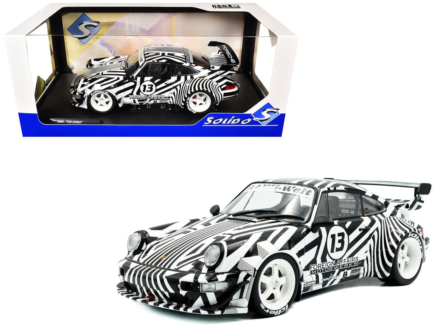 2022 RWB Bodykit #13 "The Zebra" Black and White Striped 1/18 Diecast Model Car by Solido  free shipping USA