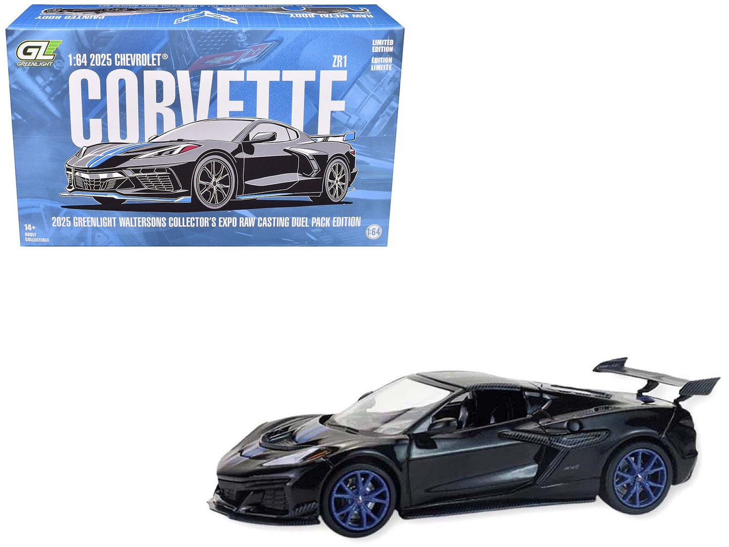 2025 Chevrolet Corvette C8 ZR1 Black with Blue Stripes with Raw Casting Dual Pack "2025 Greenlight Waltersons Collector's Expo Exclusive" 1/64 Diecast Model Car by Greenlight  free shipping USA