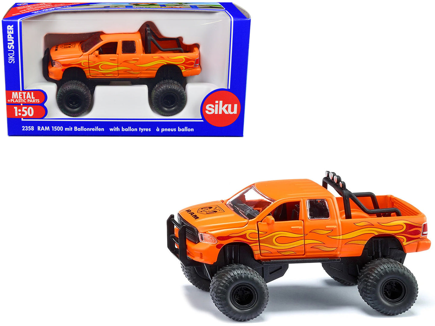 Ram 1500 Pickup Truck Lifted with Balloon Tires Orange with Flames 1/50 Diecast Model by Siku  free shipping USA