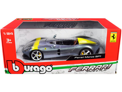 Ferrari Monza SP1 Silver Metallic with Yellow Stripes 1/24 Diecast Model Car by Bburago  free shipping USA