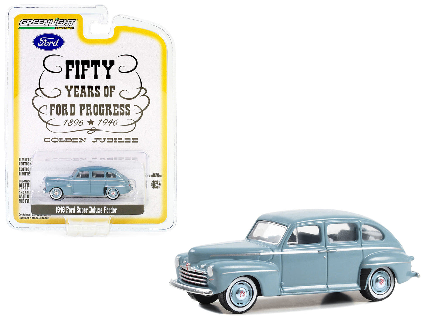 1946 Ford Super Deluxe Fordor Light Blue "Fifty Years of Ford Progress - Golden Jubilee" "Anniversary Collection" Series 16 1/64 Diecast Model Car by Greenlight  free shipping USA