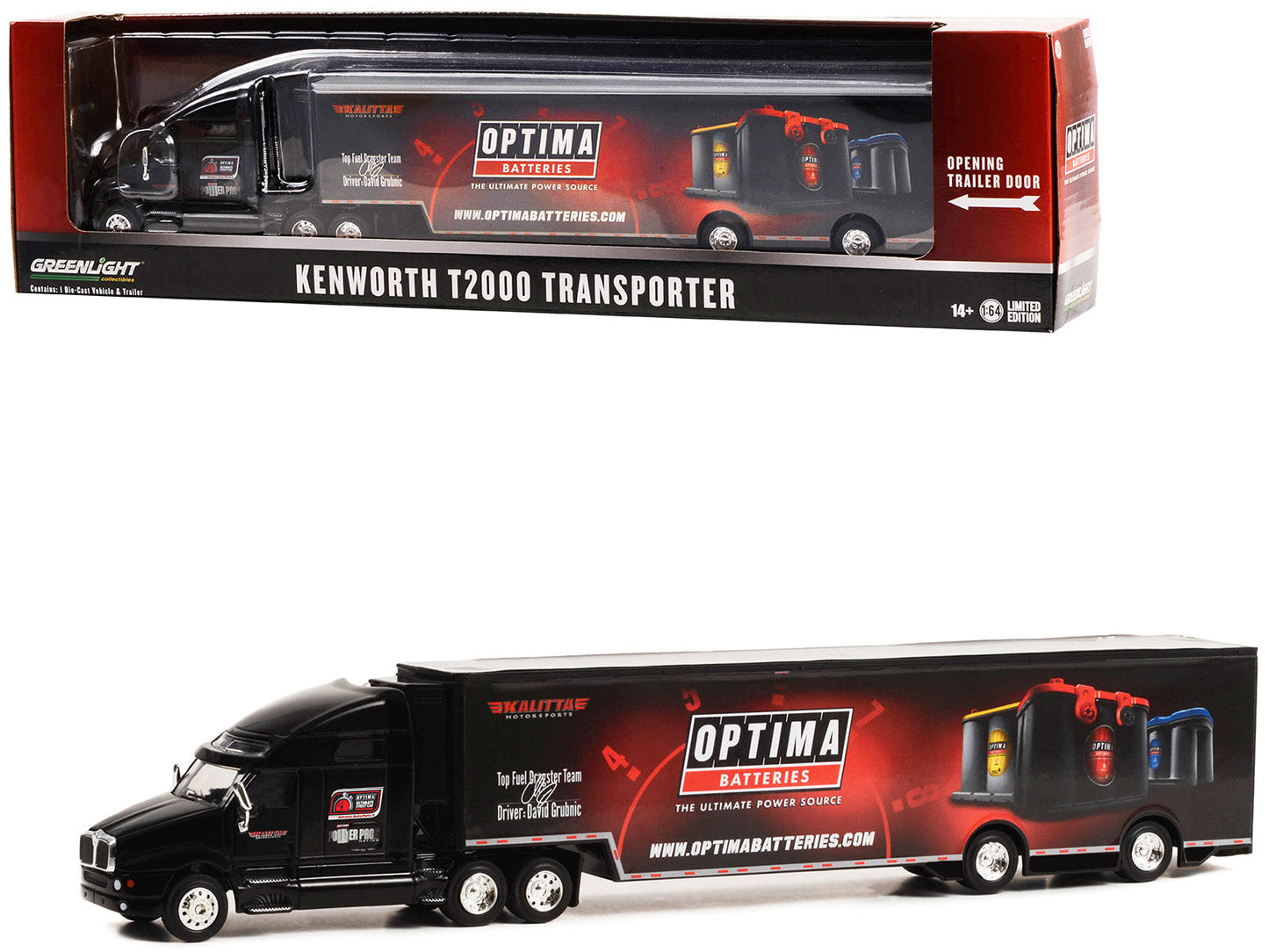 Kenworth T2000 Transporter Black "OPTIMA Batteries: The Ultimate Power Source" "Hobby Exclusive" Series 1/64 Diecast Model by Greenlight  free shipping USA