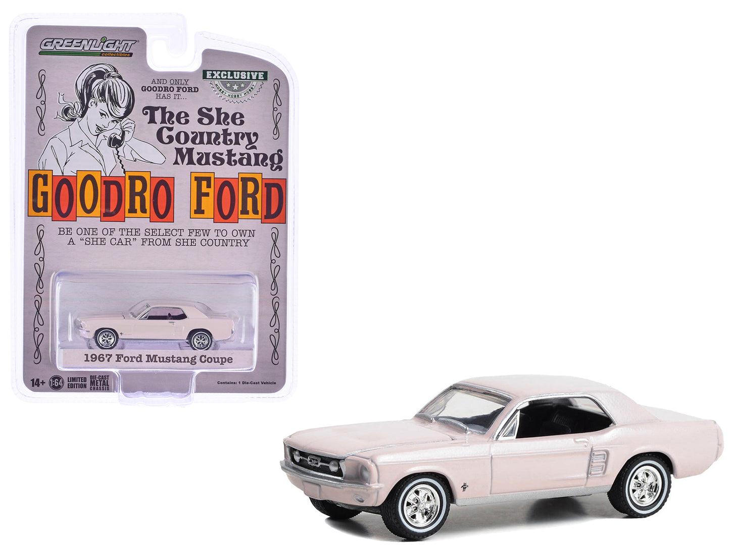 1967 Ford Mustang Coupe "She Country Special - Bill Goodro Ford Denver Colorado" Bermuda Sand "Hobby Exclusive" Series 1/64 Diecast Model Car by Greenlight  free shipping USA