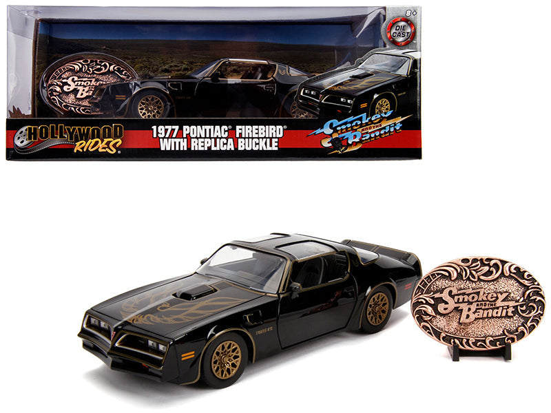 1977 Pontiac Firebird Trans Am Black with Replica Buckle "Smokey and the Bandit" (1977) Movie "Hollywood Rides" Series 1/24 Diecast Model Car by Jada  free shipping USA