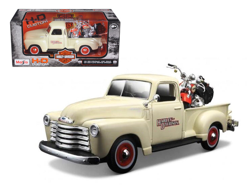 1950 Chevrolet 3100 Pickup Truck Cream 1/25 and 2001 FLSTS Heritage Springer Motorcycle Orange 1/24 "Harley-Davidson Custom" Series Diecast Models by Maisto  free shipping USA