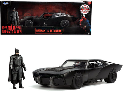 Batmobile Matt Black with Lights with Batman Diecast Figurine "The Batman" (2022) Movie "DC Comics" 1/18 Diecast Model Car by Jada  free shipping USA