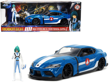 2020 Toyota Supra Blue with Graphics and Max Sterling Diecast Figurine "Robotech" "Hollywood Rides" Series 1/24 Diecast Model Car by Jada  free shipping USA