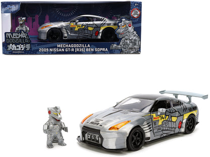 2009 Nissan GT-R (R35) Ben Sopra Brushed Metal with Black Top and Graphics and Mechagodzilla Diecast Figure "Godzilla" Franchise "Anime Hollywood Rides" Series 1/24 Diecast Model by Jada  free shipping USA