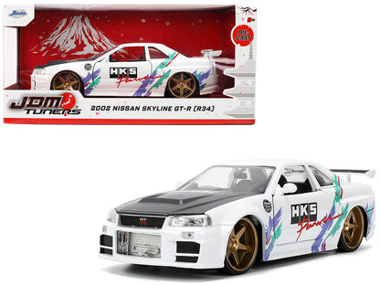 2002 Nissan Skyline GT-R (R34) RHD (Right Hand Drive) "HKS Power" White with Carbon Hood and Graphics "JDM Tuners" Series 1/24 Diecast Model Car by Jada  free shipping USA