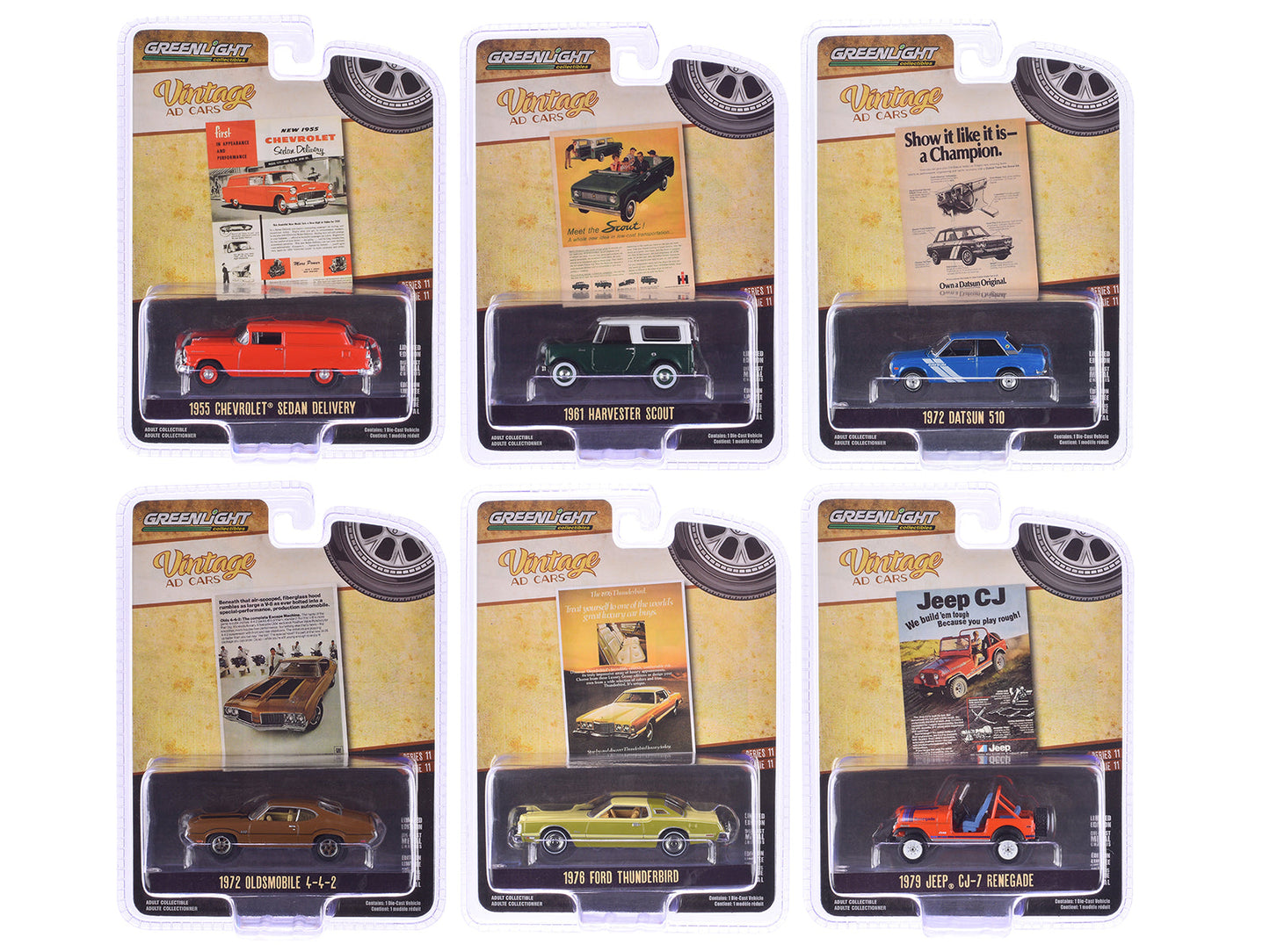 "Vintage Ad Cars" Series 11 Set of 6 pieces 1/64 Diecast Model Cars by Greenlight  free shipping USA