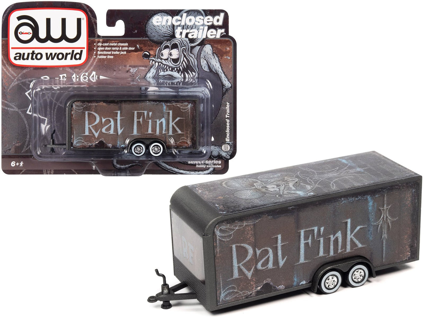 4-Wheel Enclosed Car Trailer Dark Gray with Graphics "Rat Fink" 1/64 Diecast Model by Auto World  free shipping USA