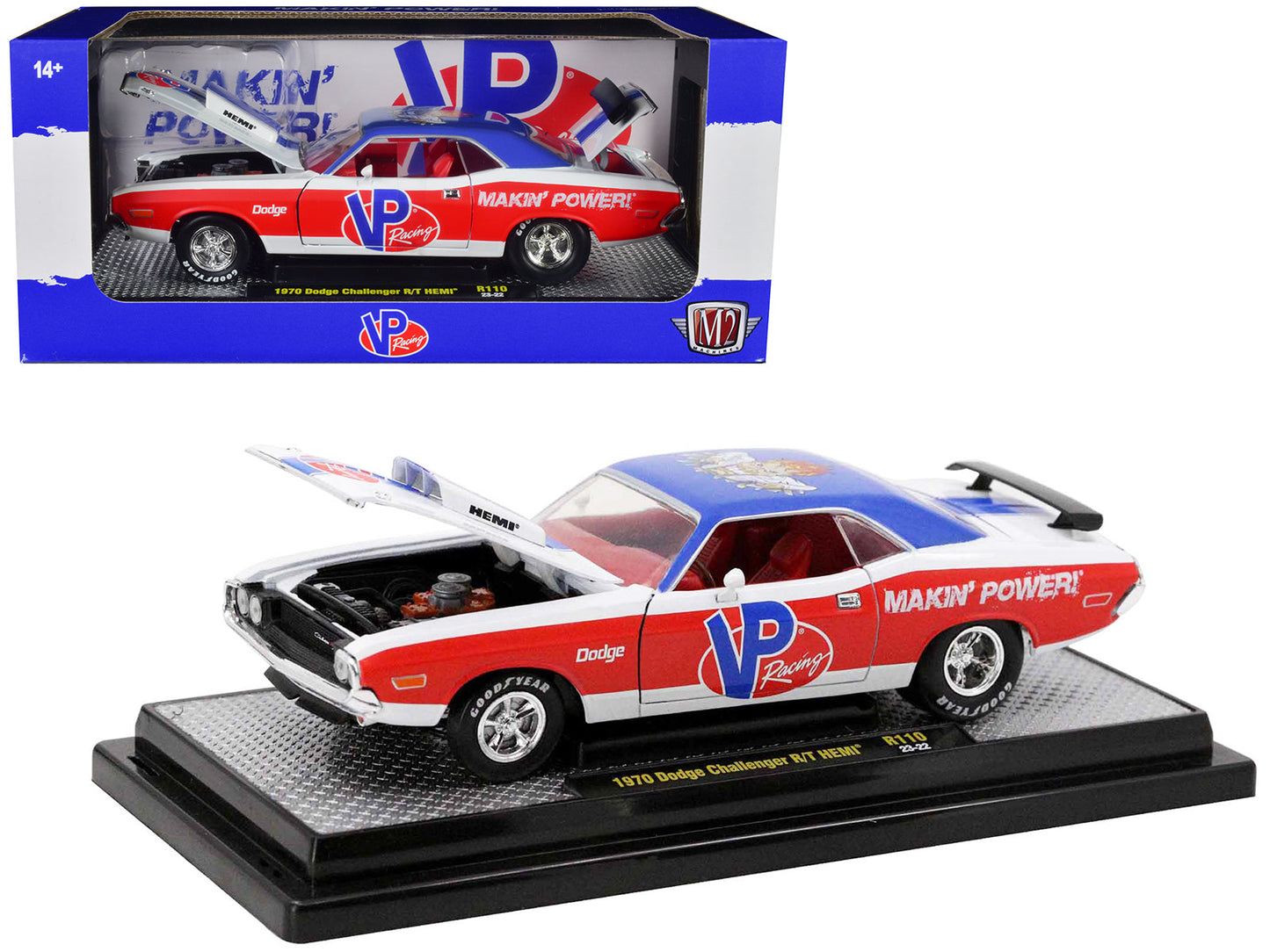 1970 Dodge Challenger R/T Hemi White with Red and Blue Stripes with Red Interior "VP Racing" Limited Edition to 5710 pieces Worldwide 1/24 Diecast Model Car by M2 Machines  free shipping USA