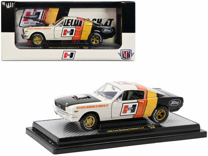 1966 Ford Mustang Fastback 2+2 Off White and Black with Red and Yellow Stripes "Hurst Shifters" Limited Edition to 6000 pieces Worldwide 1/24 Diecast Model Car by M2 Machines  free shipping USA