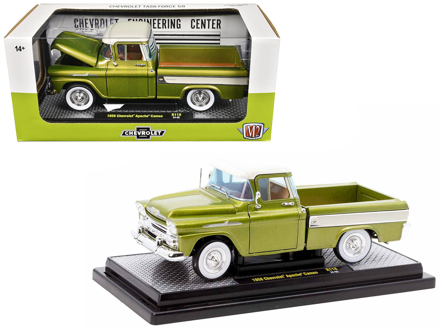 1958 Chevrolet Apache Cameo Pickup Truck Olive Green Metallic with Wimbledon White Top Limited Edition to 6250 pieces Worldwide 1/24 Diecast Model Car by M2 Machines  free shipping USA