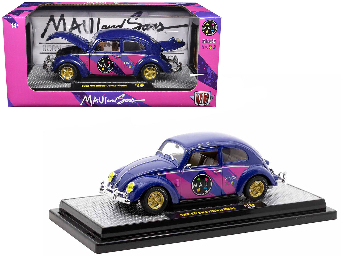 1952 Volkswagen Beetle Deluxe Model "Maui & Sons" Purple Metallic with Graphics Limited Edition to 6650 pieces Worldwide 1/24 Diecast Model Car by M2 Machines  free shipping USA