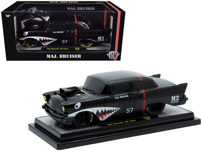 1957 Chevrolet 150 Sedan "Maj. Bruiser" Matt Black with Red Stripe and Shark Mouth Graphics Limited Edition to 6650 pieces Worldwide 1/24 Diecast Model Car by M2 Machines  free shipping USA