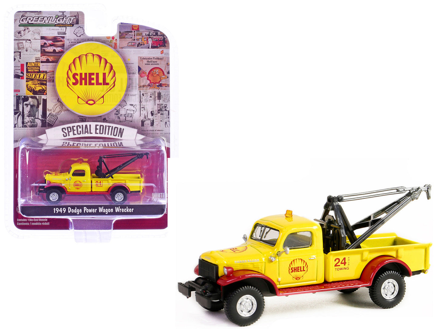 1949 Dodge Power Wagon Wrecker Tow Truck "Shell Oil" Yellow and Red "Shell Oil Special Edition" Series 2 1/64 Diecast Model Car by Greenlight  free shipping USA