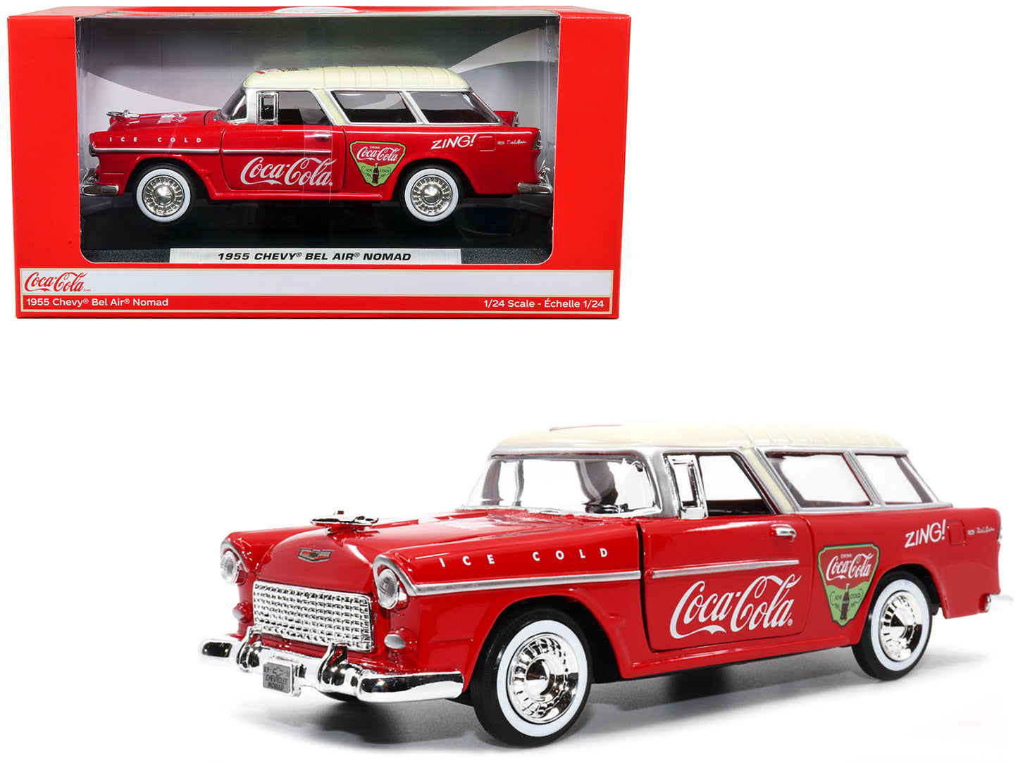 1955 Chevrolet Bel Air Nomad Red with White Top "Coca-Cola" 1/24 Diecast Model Car by Motor City Classics  free shipping USA