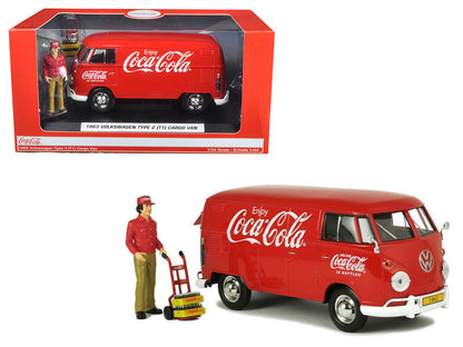 1963 Volkswagen Type 2 (T1) "Coca-Cola" Cargo Van with Delivery Driver Figurine with Handcart and Two Bottle Cases 1/24 Diecast Model Car by Motorcity Classics  free shipping USA
