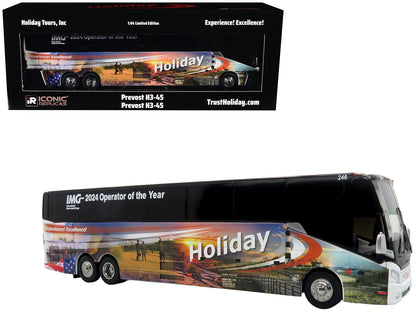 Prevost H3-45 Coach Bus "Holiday Tours - 2024 IMG Operator of the Year" White with Graphics Limited Edition 1/64 Diecast Model by Iconic Replicas  free shipping USA