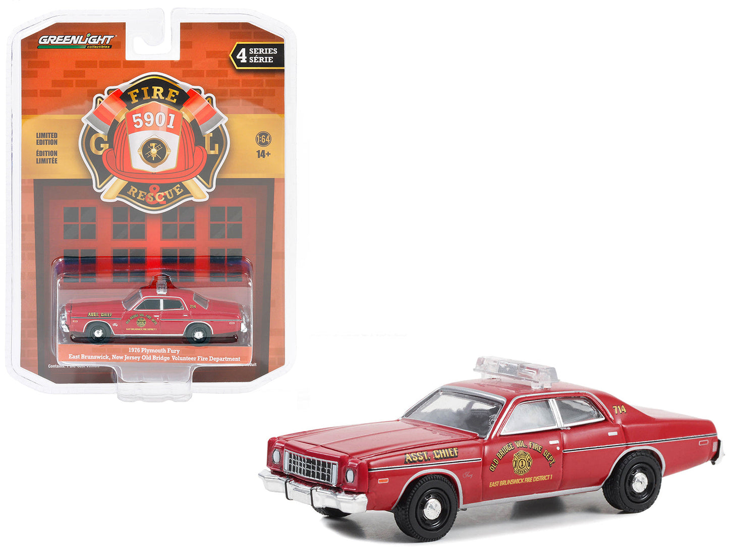 1976 Plymouth Fury Red "Old Bridge Volunteer Fire Department East Brunswick New Jersey Fire District 1 Asst. Chief" "Fire & Rescue" Series 4 1/64 Diecast Model Car by Greenlight  free shipping USA