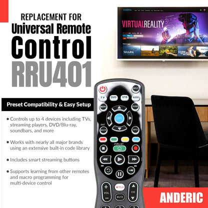 Anderic RRU401.7 4-Device Universal Remote Control with Backlight, Macro and Learning for TV, Cable, Streaming, DVD and more