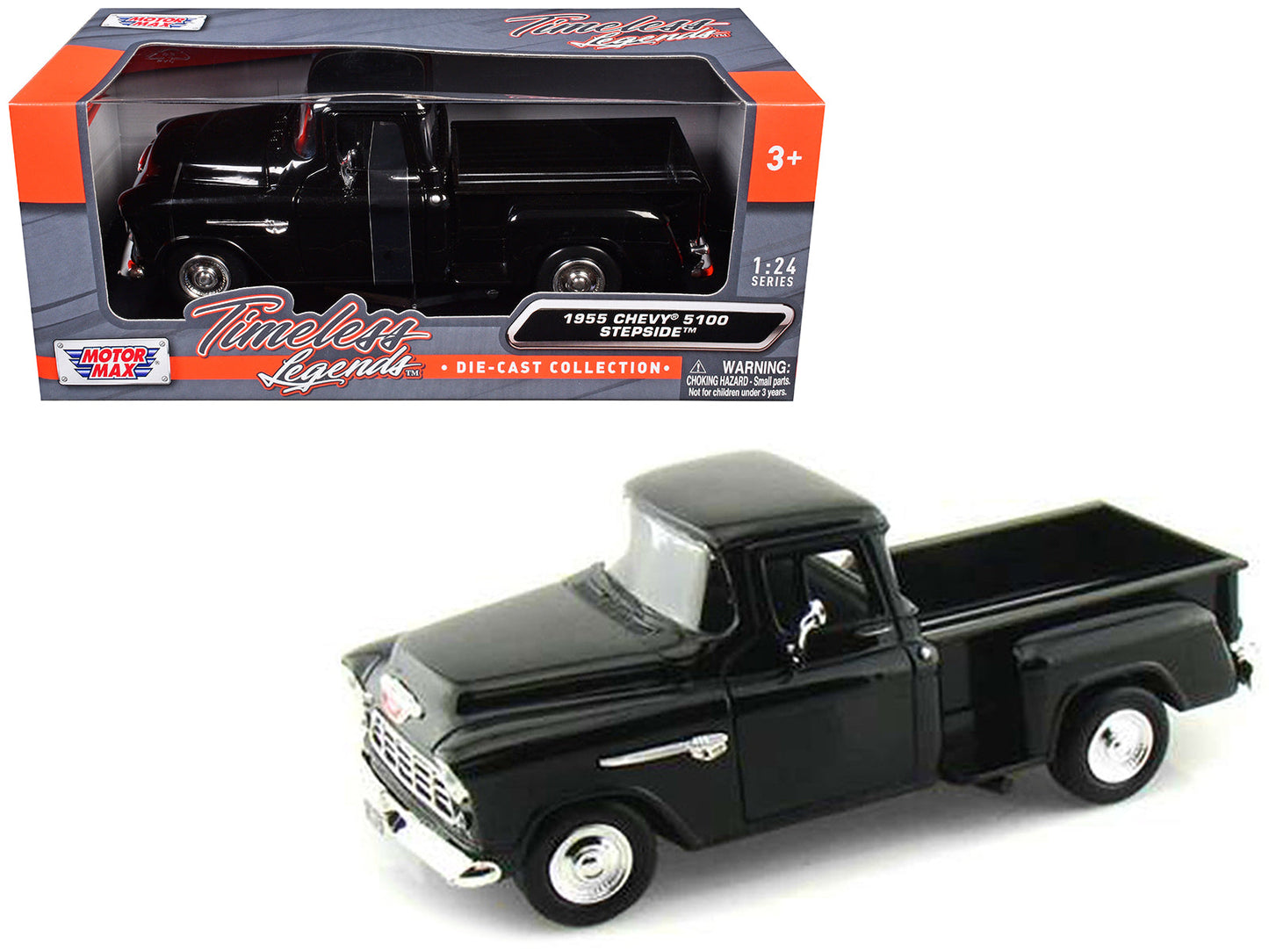 1955 Chevrolet 5100 Stepside Pickup Truck Black 1/24 Diecast Car Model by Motormax  free shipping USA