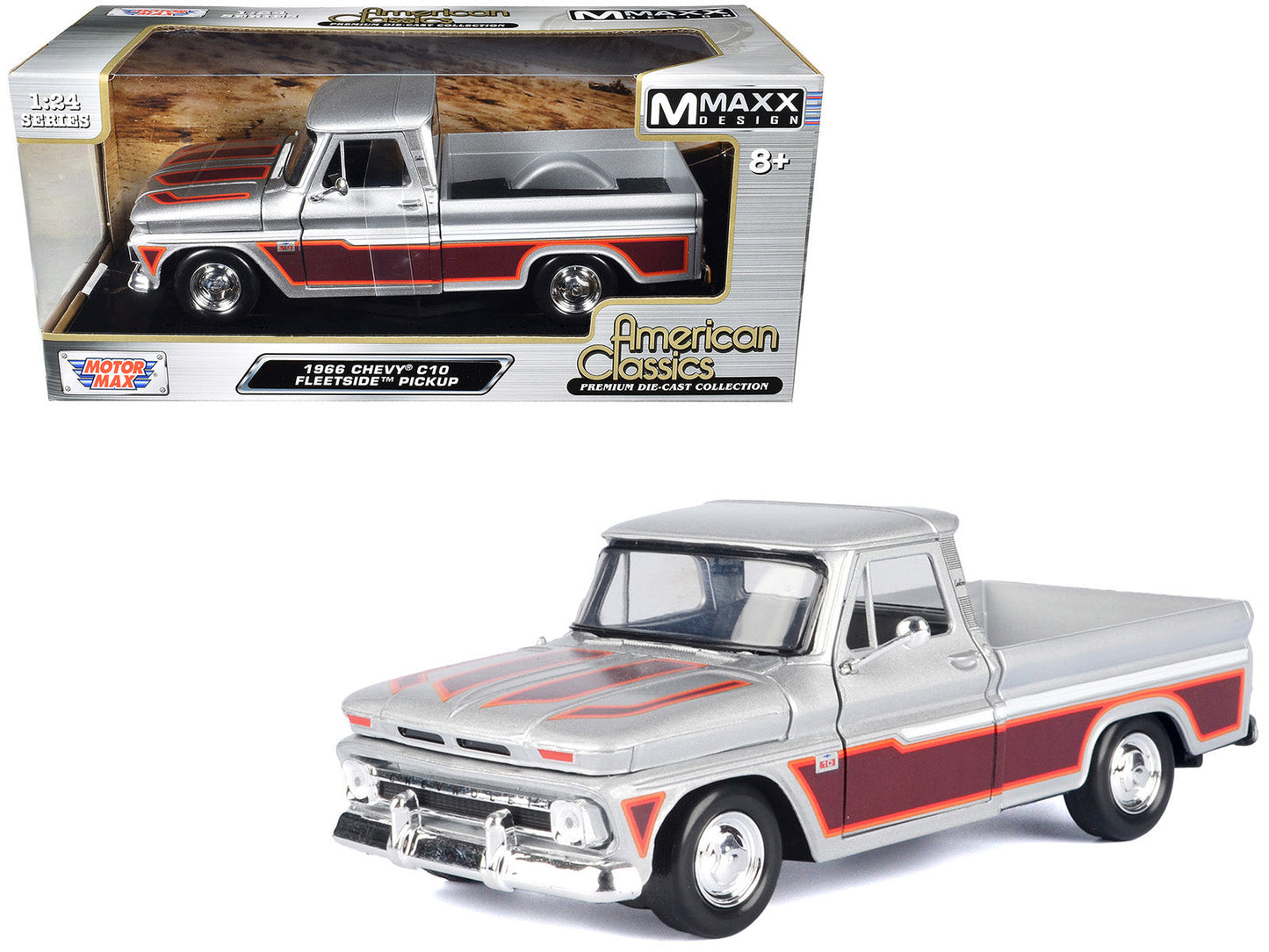 1966 Chevrolet C10 Fleetside Pickup Truck Silver Metallic with Brown Sides "American Classics" Series 1/24 Diecast Model Car by Motormax  free shipping USA