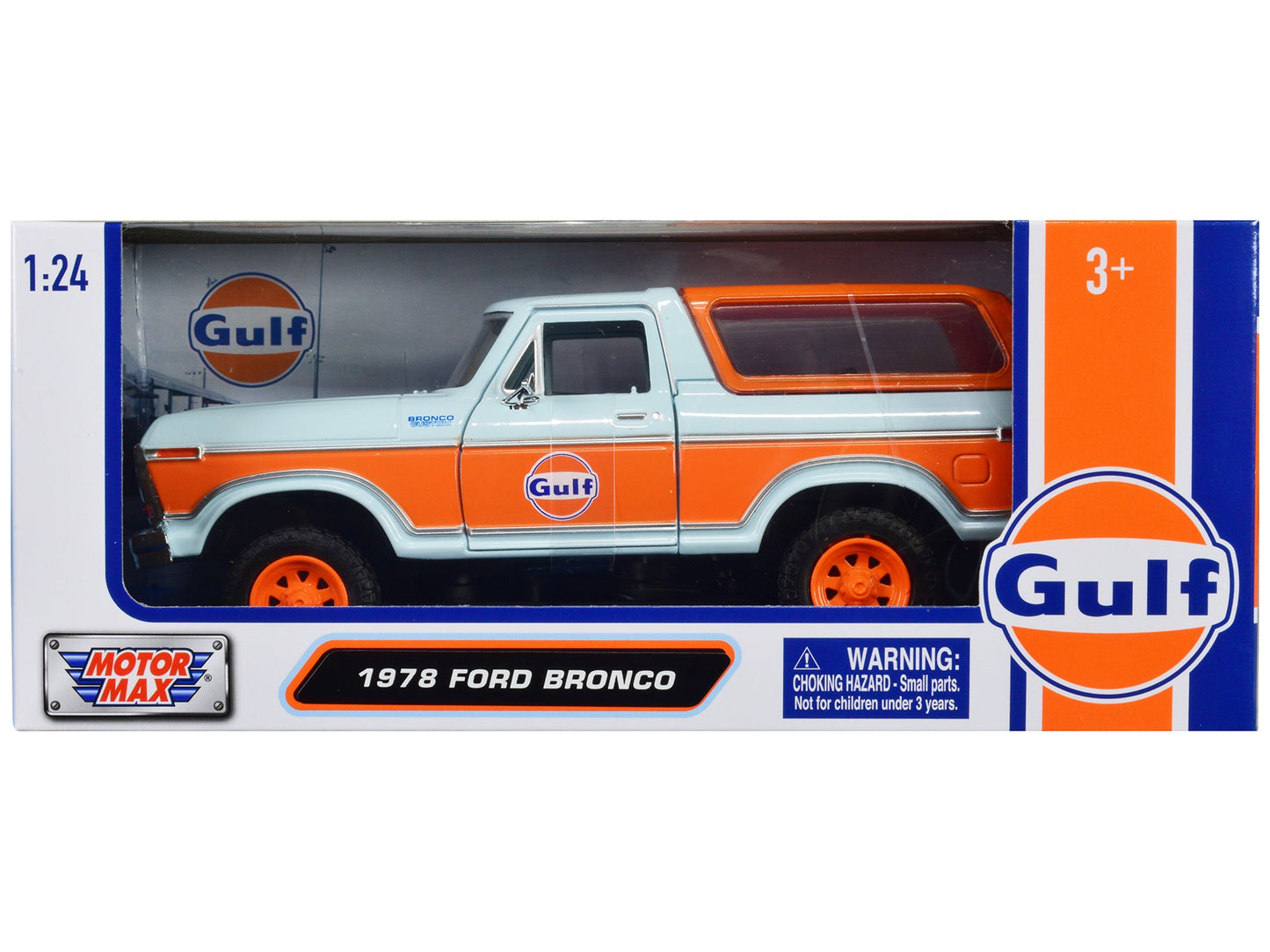 1978 Ford Bronco Light Blue and Orange "Gulf Oil" "Gulf Die-Cast Collection" 1/24 Diecast Model Car by Motormax  free shipping USA