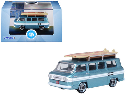 1961 Chevrolet Corvair Greenbrier Passenger Wagon Van Turquoise Metallic and Cameo White with Surfboards on Roof 1/87 (HO) Scale Diecast Model Car by Oxford Diecast  free shipping USA