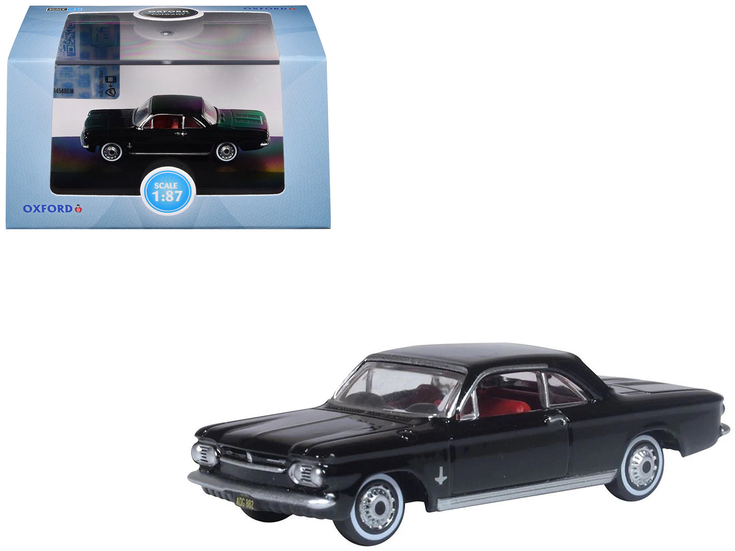 1963 Chevrolet Corvair Coupe Tuxedo Black with Red Interior  1/87 (HO) Scale Diecast Model Car by Oxford Diecast  free shipping USA