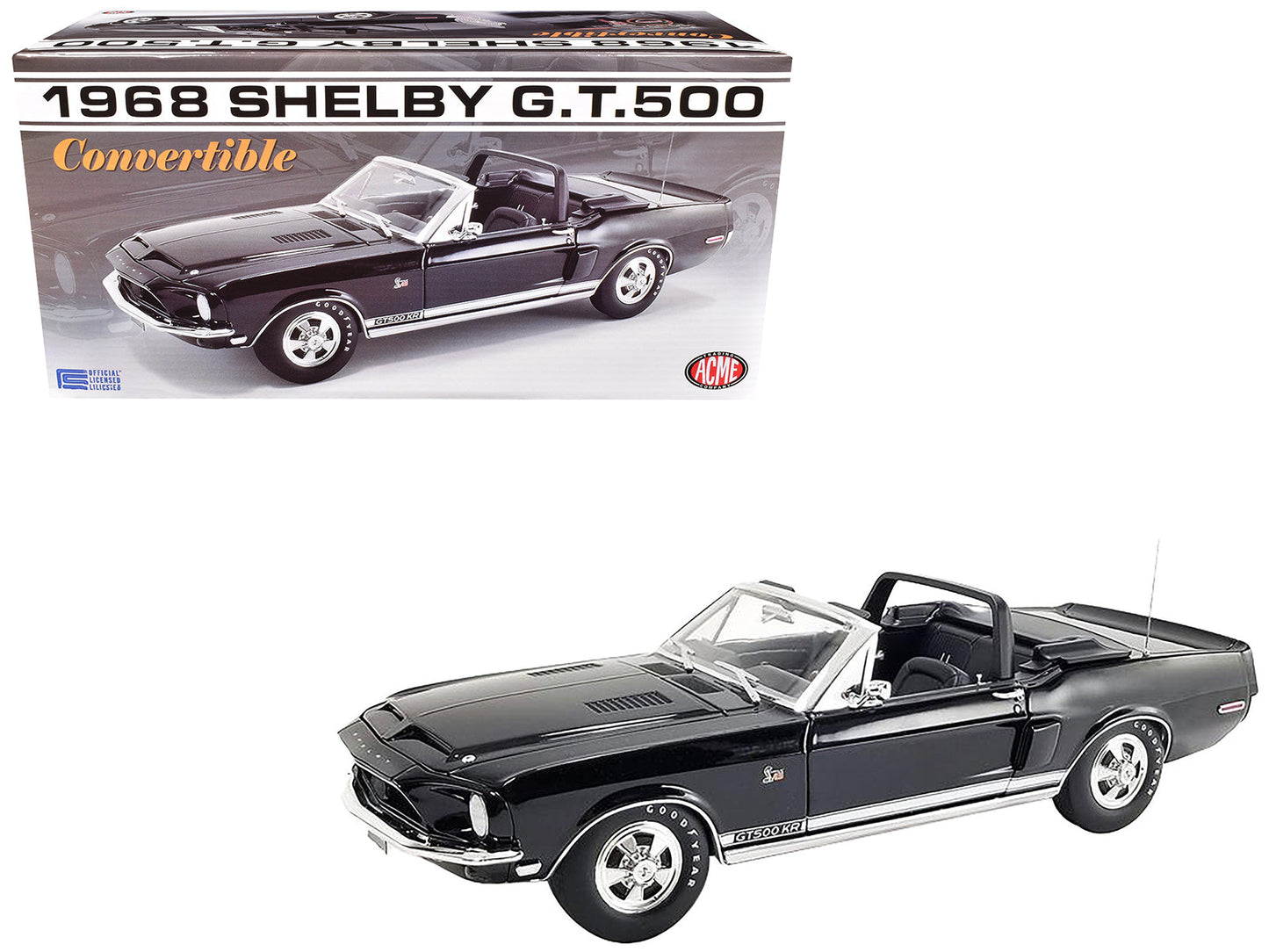 1968 Shelby GT500 KR Convertible Black with White Stripes Limited Edition to 480 pieces Worldwide 1/18 Diecast Model Car by ACME  free shipping USA