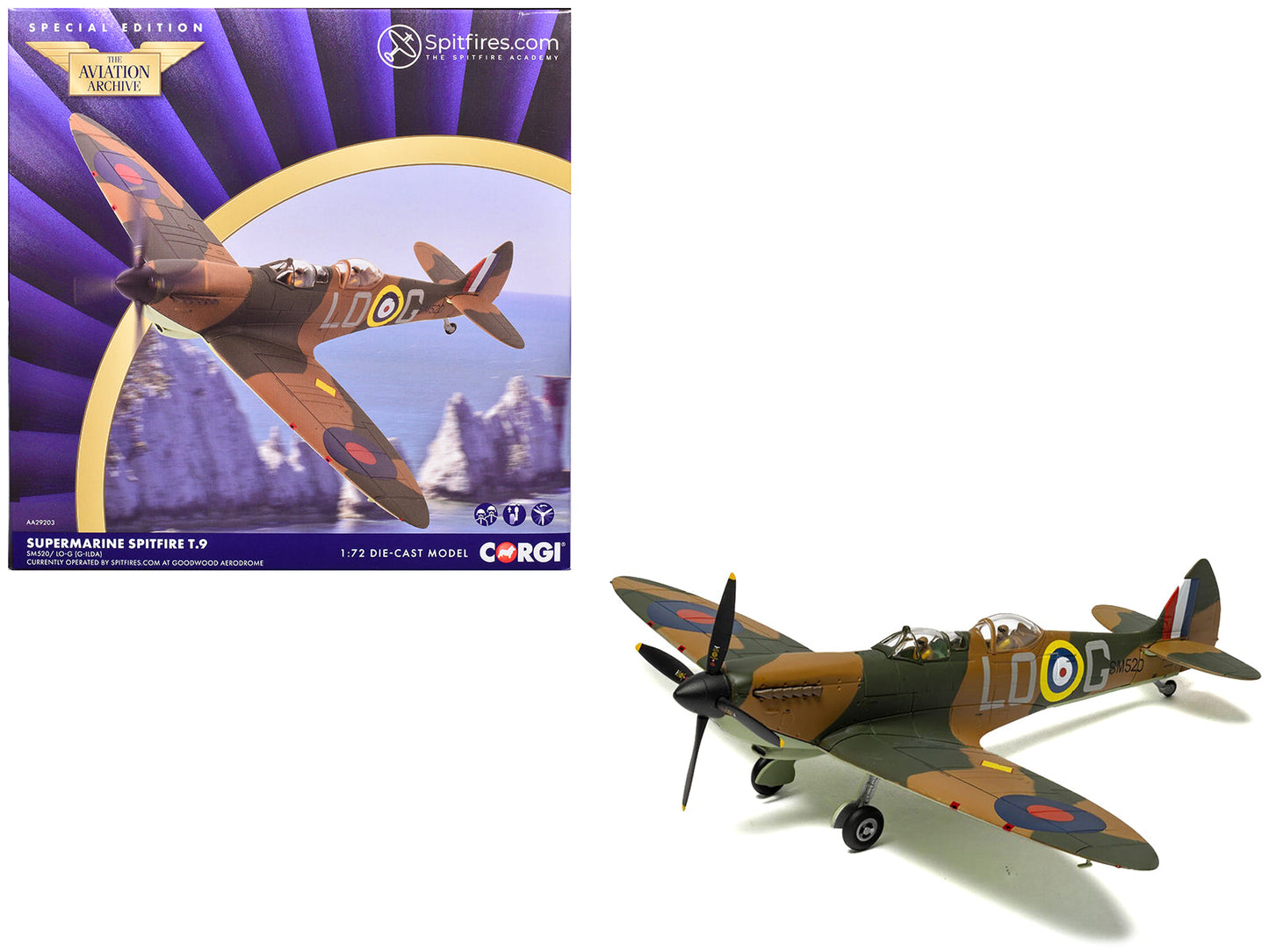 Supermarine Spitfire T.9 Aircraft "SM520 Spitfires.com Goodwood Aerodrome" British Royal Air Force "The Aviation Archive" Series 1/72 Diecast Model by Corgi  free shipping USA