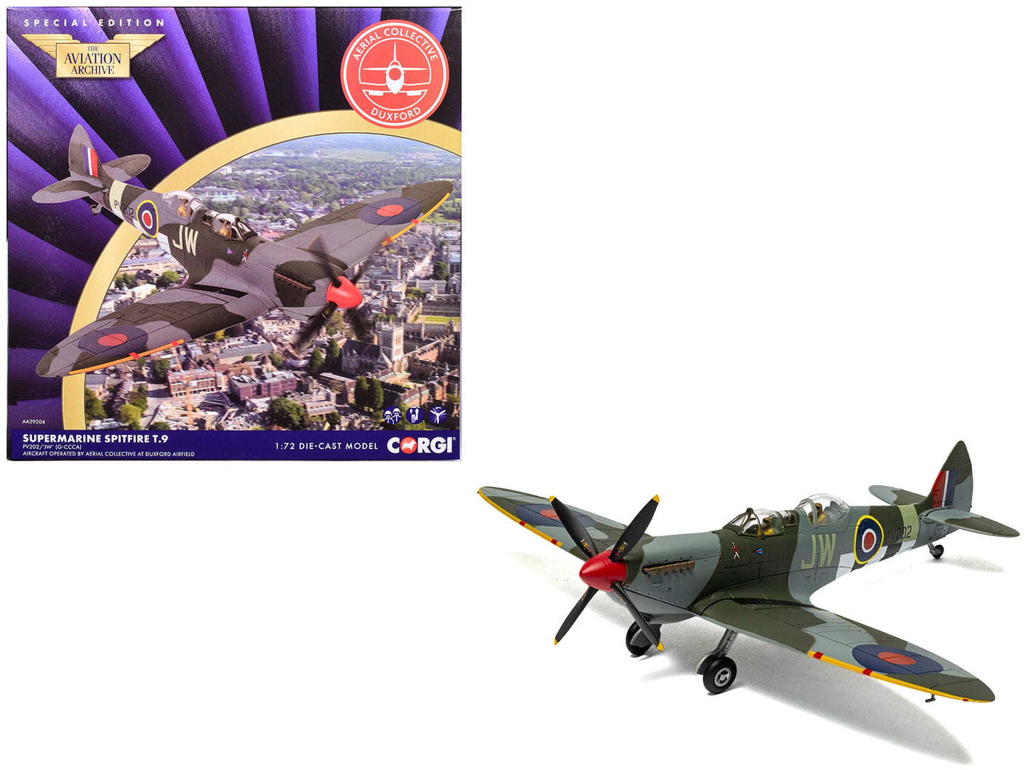 Supermarine Spitfire T.9 Aircraft "PV202 Aerial Collective at Duxford Airfield" British Royal Air Force "The Aviation Archive" Series 1/72 Diecast Model by Corgi  free shipping USA