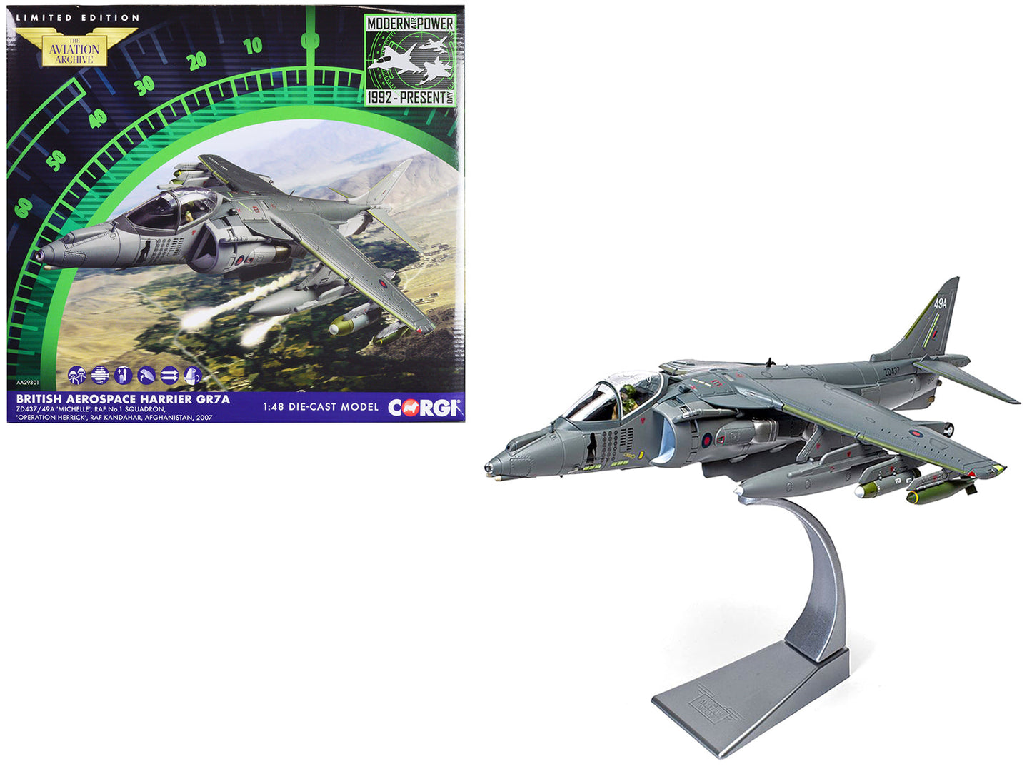 British Aerospace Harrier GR7A Aircraft "Michelle RAF No.1 Squadron Operation Herrick RAF Kandahar Afghanistan" (2007) Royal Air Force "The Aviation Archive" Series 1/48 Diecast Model by Corgi  free shipping USA